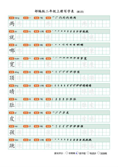 部编版人教版语文写字表描红高清PDF(含拼音、笔顺、词组) 